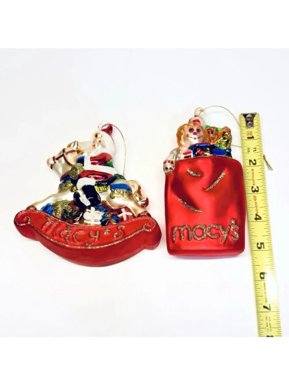 Macy's Lot of 2 Glass Ornaments Elf Rocking Horse Bag of Gifts